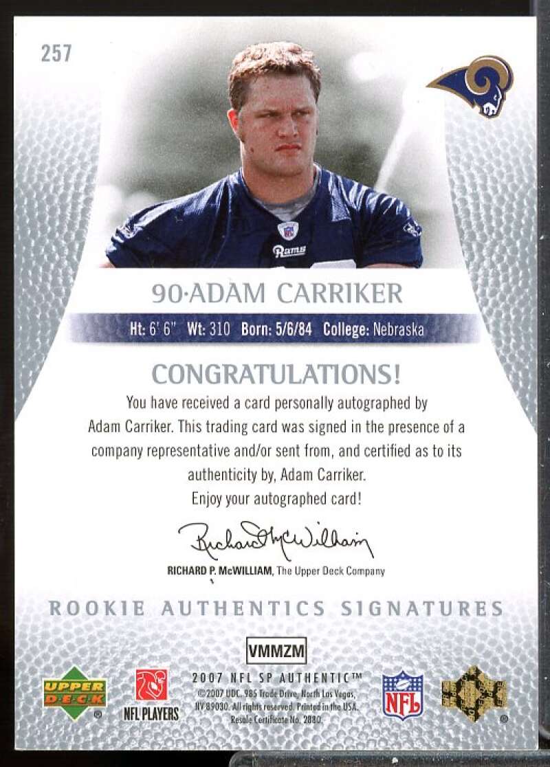 Adam Carriker AU RC Card 2007 SP Authentic Rookie Auto #257  Image 2