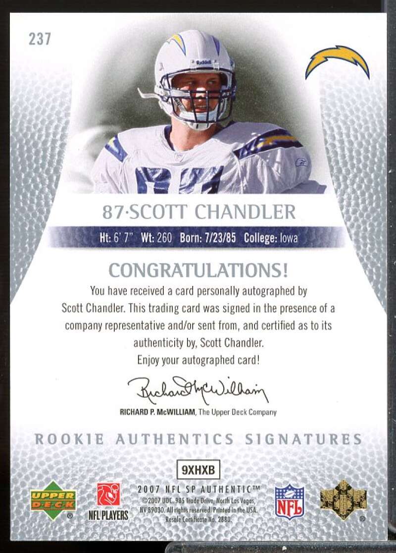 Scott Chandler AU RC Card 2007 SP Authentic Rookie Auto #237  Image 2
