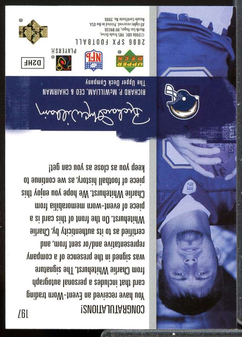 Charlie Whitehurst RC Card 2006 SPx Rookie Jersey Auto #197  Image 2