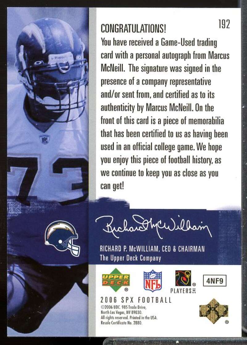 Marcus McNeill RC Card 2006 SPx Rookie Jersey Auto #192  Image 2