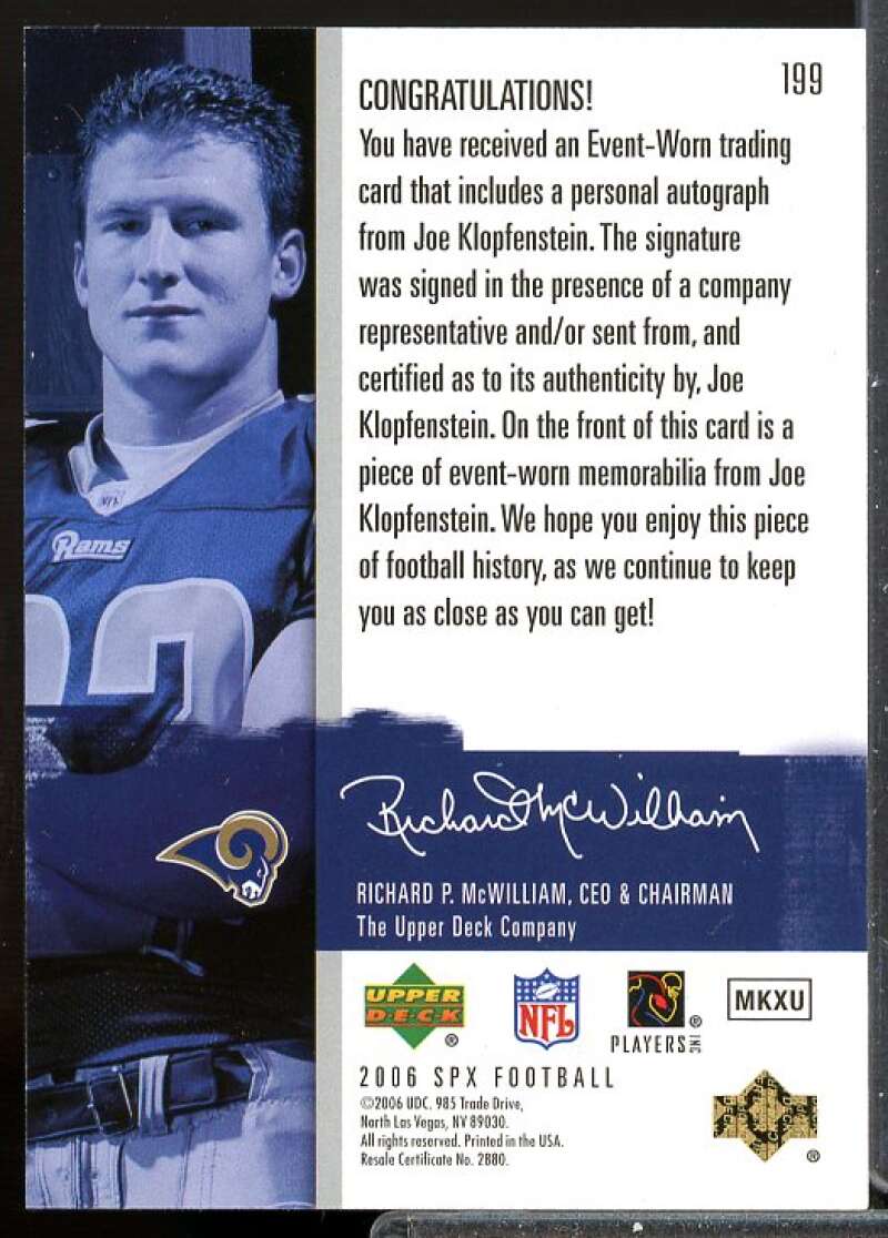 Joe Klopfenstein RC Card 2006 SPx Rookie Jersey Auto #199  Image 2