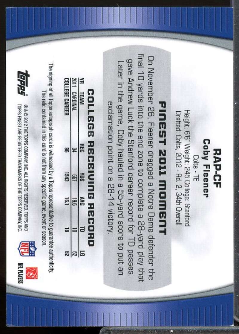 Coby Fleener/1353 Card 2012 Finest Rookie Patch Autographs Refractors #RAPCF  Image 2