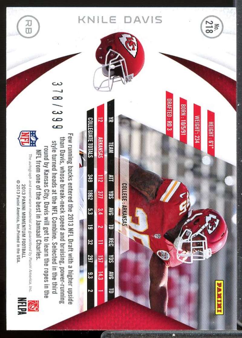 Knile Davis JERSEY/399 Card 2013 Momentum Rookie Signatures #218  Image 2