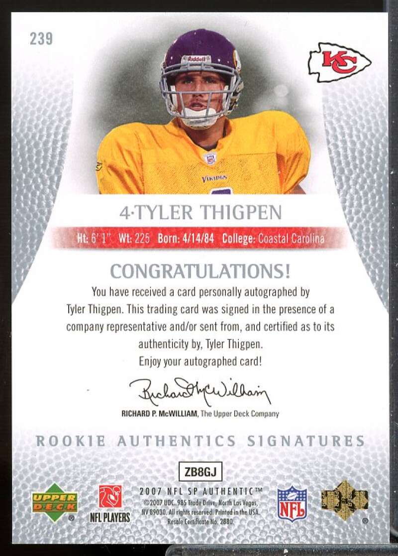 Tyler Thigpen AU RC Card 2007 SP Authentic Rookie Auto #239  Image 2