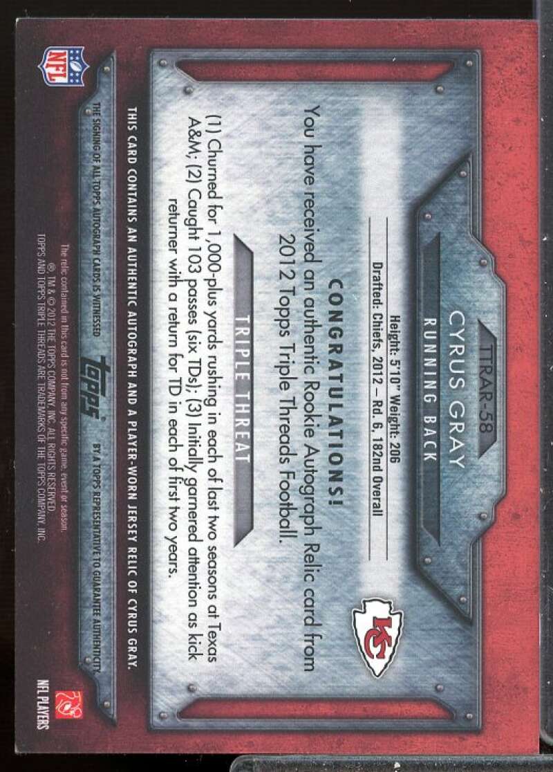 Cyrus Gray Card 2012 Topps Triple Threads Rookies Autographed Relics #TTRAR58  Image 2