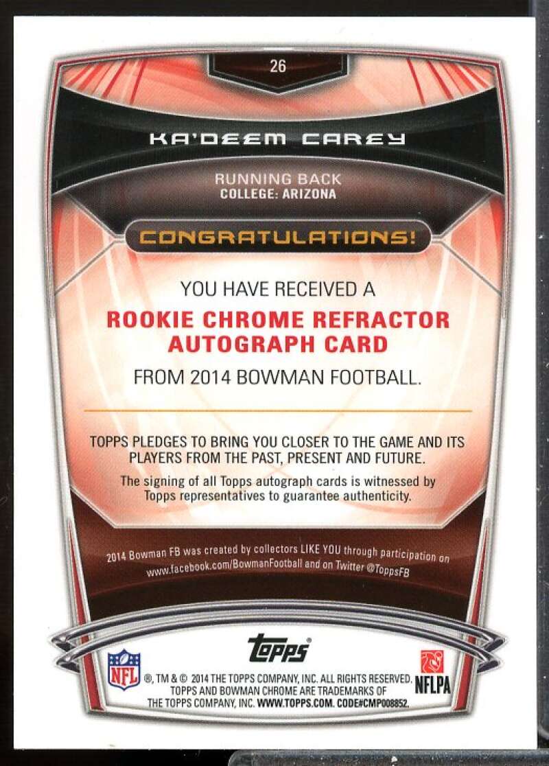 Ka'Deem Carey 2014 Bowman Chrome Rookie Autographs College Blue Refractors #26  Image 2