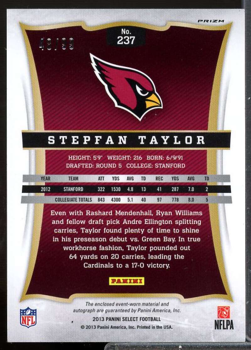 Stepfan Taylor Card 2013 Select Rookie Jersey Autographs Prizm #237  Image 2