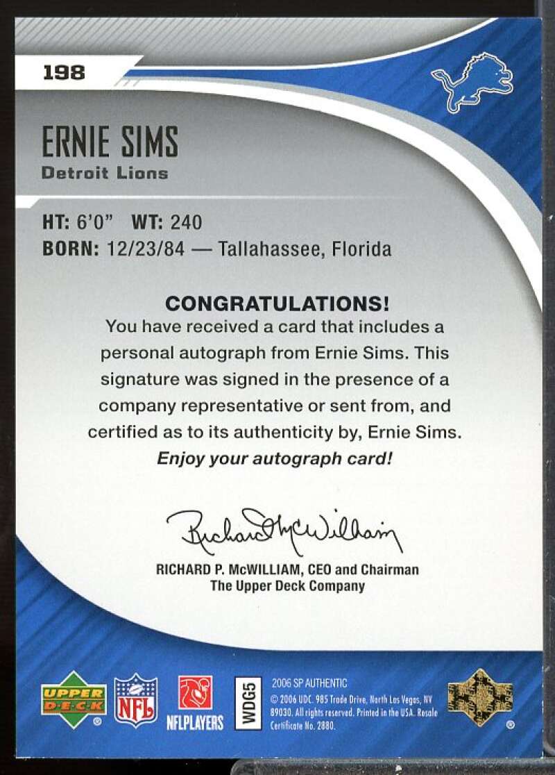 Ernie Sims AU RC Card 2006 SP Authentic Rookie Auto #198  Image 2