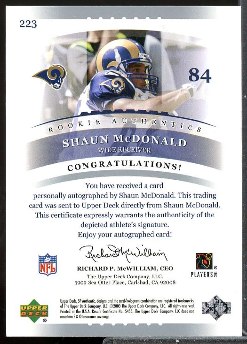 Shaun McDonald AU RC Card 2003 SP Authentic Rookie Auto #223  Image 2