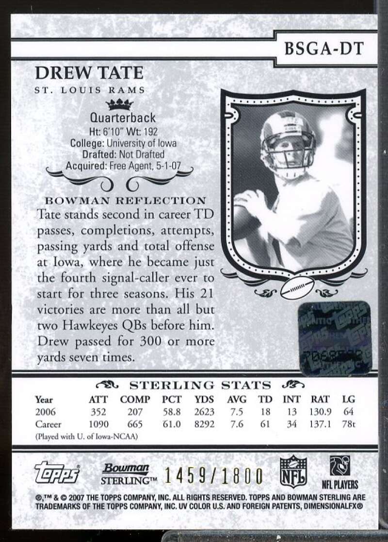 Drew Tate/1800 Card 2007 Bowman Sterling Gold Rookie Autographs #DT  Image 2