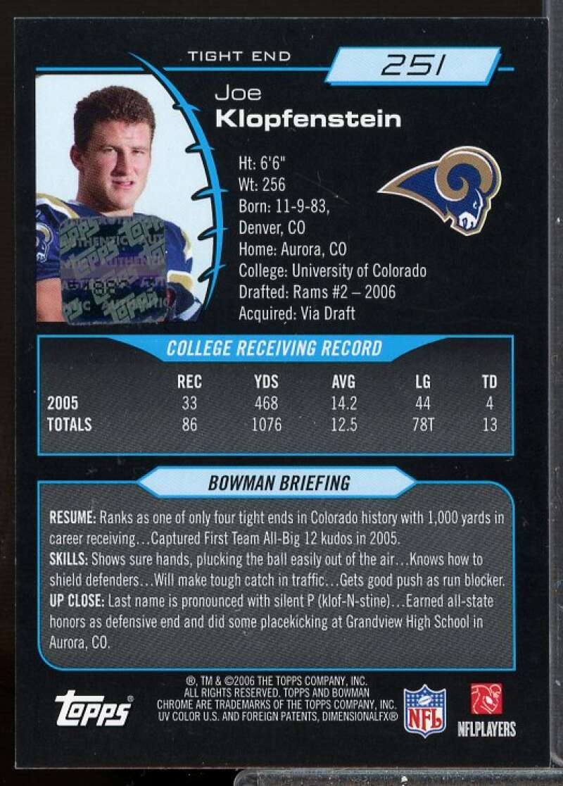 Joe Klopfenstein C Card 2006 Bowman Chrome Rookie Autographs #251  Image 2