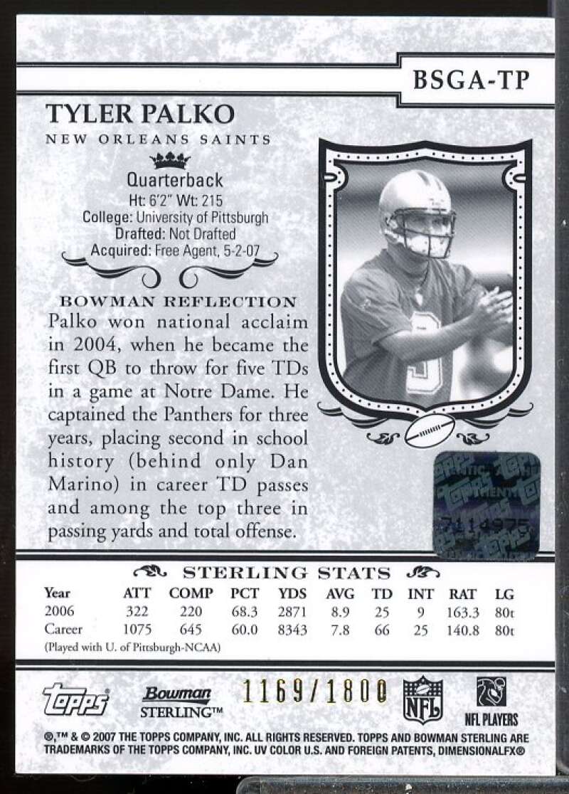 Tyler Palko/1800 Card 2007 Bowman Sterling Gold Rookie Autographs #TP  Image 2