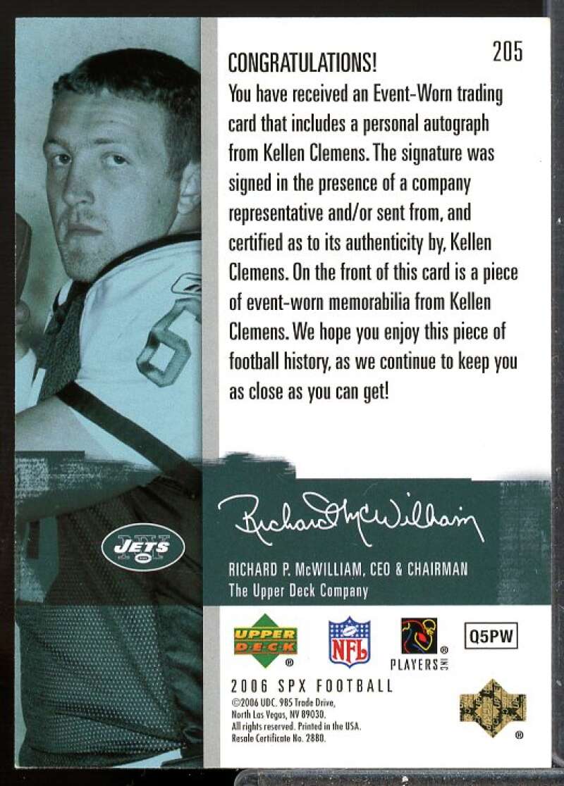 Kellen Clemens RC Card 2006 SPx Rookie Jersey Auto #205  Image 2