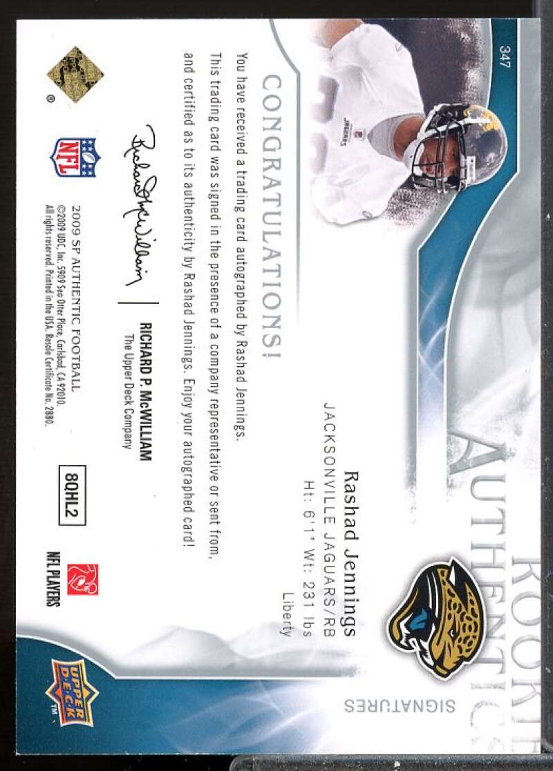 Rashad Jennings AU/799 RC Card 2009 SP Authentic Rookie Auto #347  Image 2