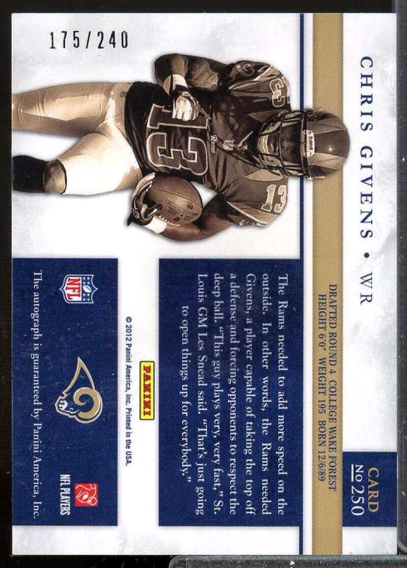Chris Givens/240 Card 2012 Panini Prominence Rookie Team Helmet Autographs #250  Image 2