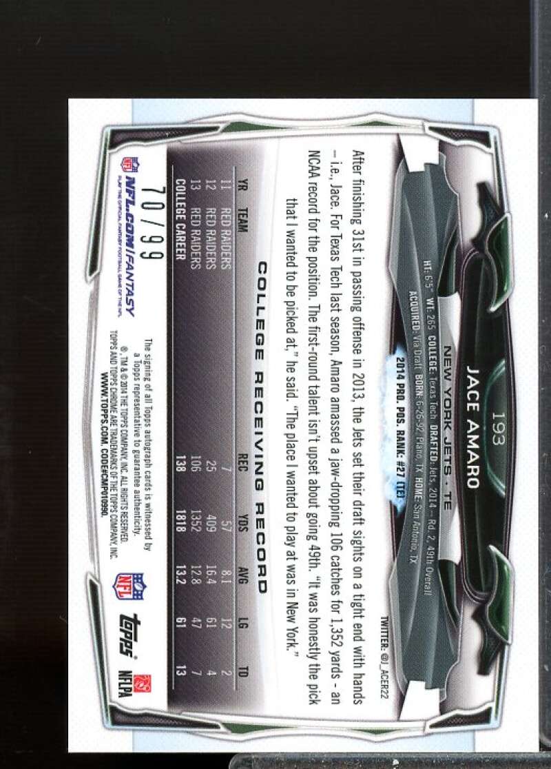 Jace Amaro Card 2014 Topps Chrome Mini Rookie Autographs Camo Refractors #193  Image 2
