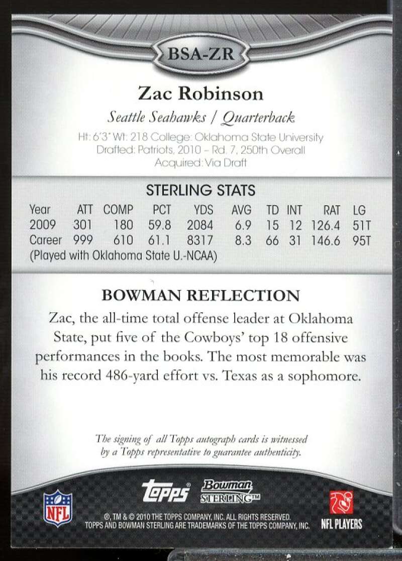 Zac Robinson AU D Card 2010 Bowman Sterling Rookie Auto #BSAZR  Image 2