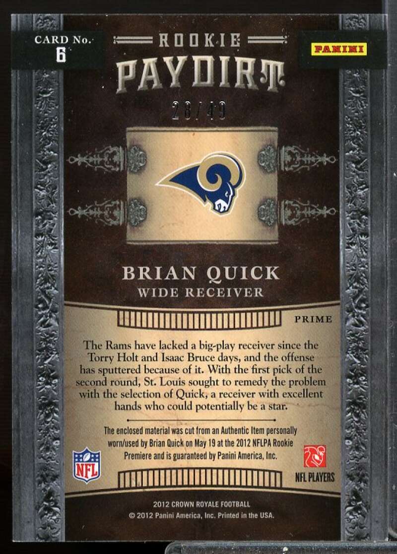 Brian Quick 2012 Crown Royale Rookie Paydirt 3 Color Materials Green Prime #6  Image 2