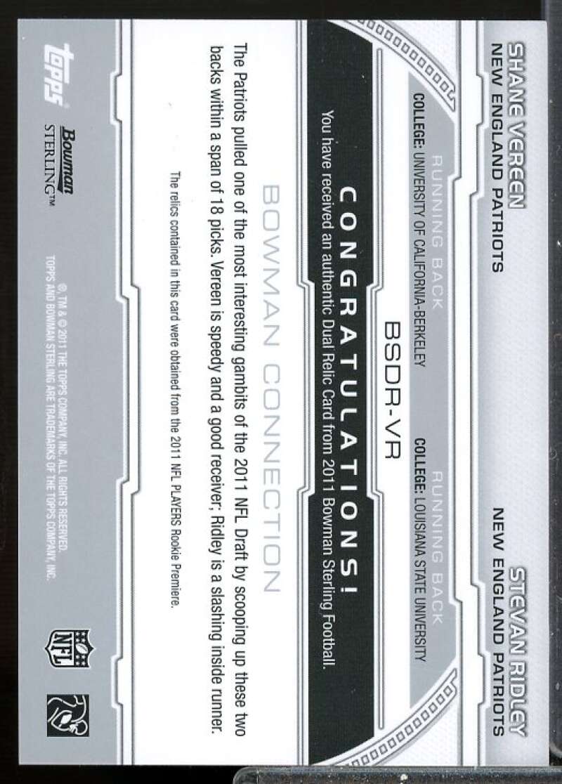 Vereen/Stevan Ridley 2011 Bowman Sterling Rookie Dual Jersey Refractors #BSDRVR  Image 2