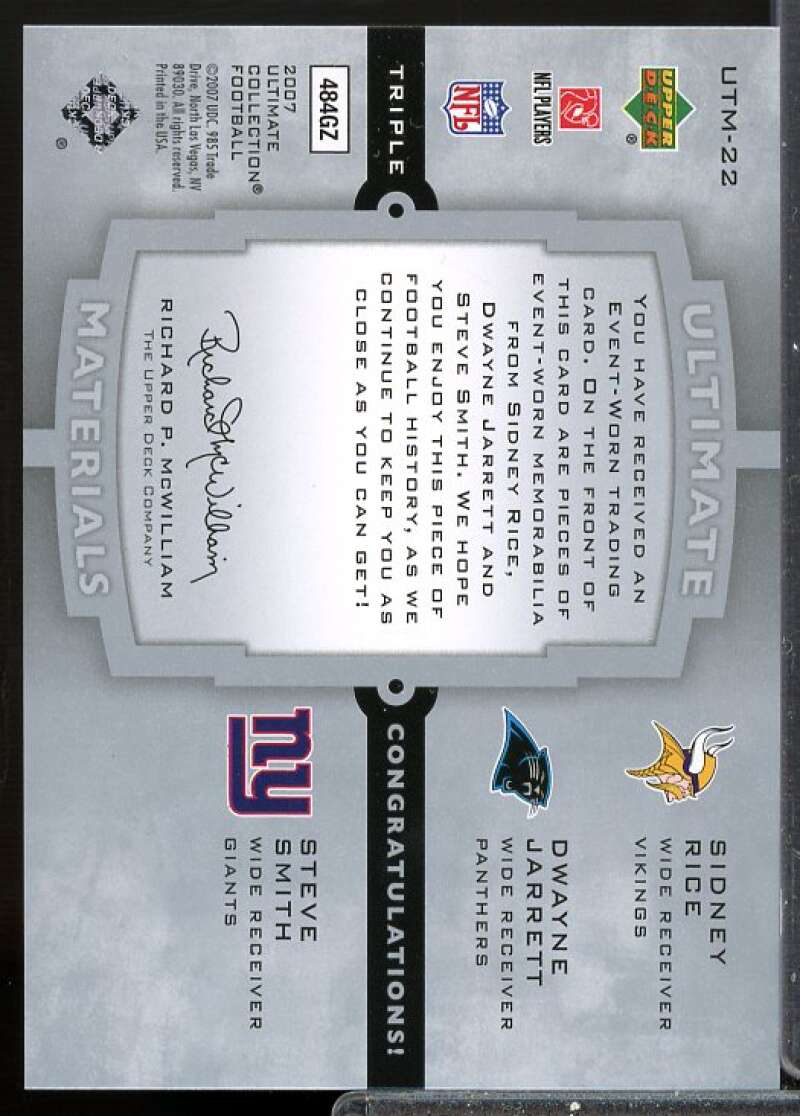 Sidney Rice/Dwayne Jarrett/Steve Smith 2007 Ultimate Rookie Material Triple #22  Image 2