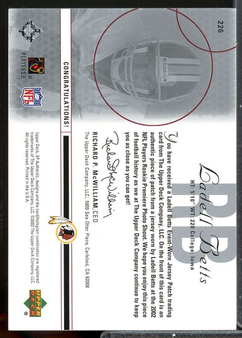 LaDell Betts JSY RC Card 2002 SP Authentic Rookie Jersey #226  Image 2