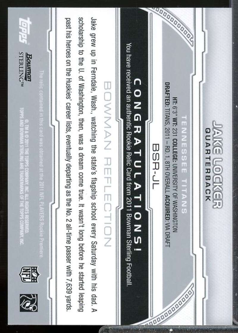 Jake Locker Card 2011 Bowman Sterling Rookie Jersey Refractors #BSRJL  Image 2