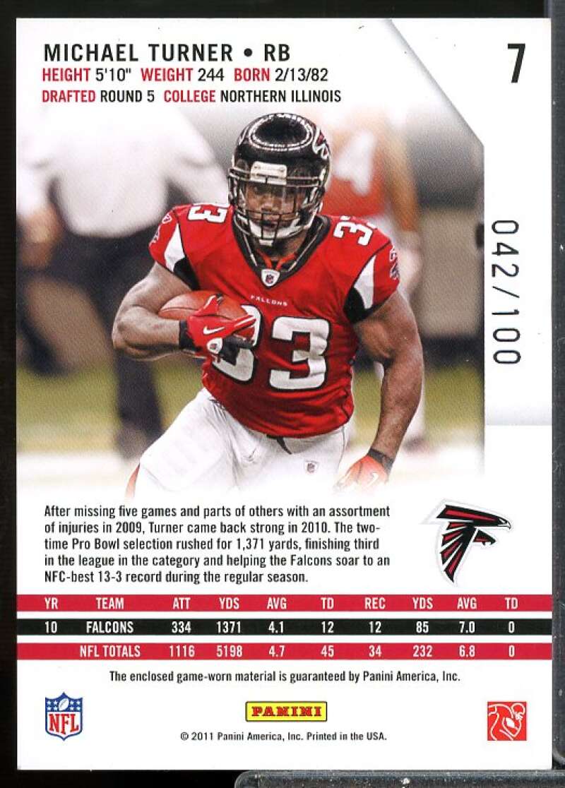 Michael Turner/100 Card 2011 Rookies and Stars Longevity Materials Sapphire #7  Image 2