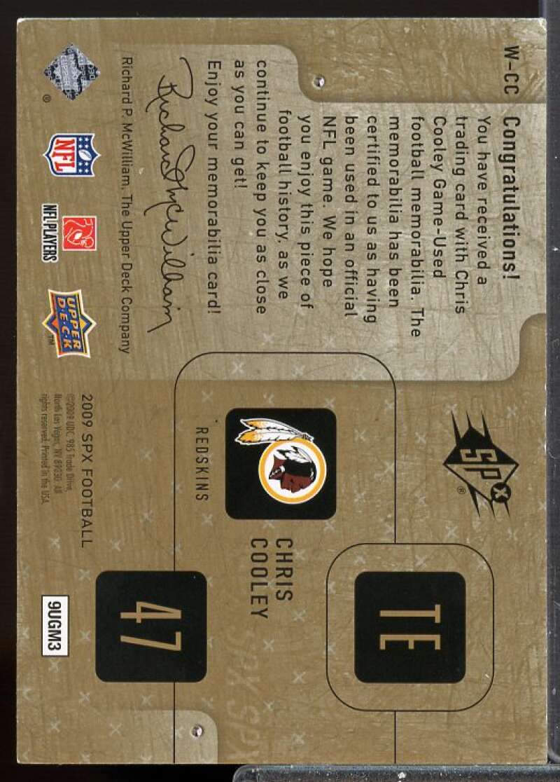 Chris Cooley Card 2009 SPx Winning Materials Jersey Patch #WCC  Image 2