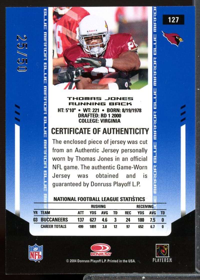 Thomas Jones 2004 Leaf Certified Materials Mirror Flashback Blue Jersey #127  Image 2