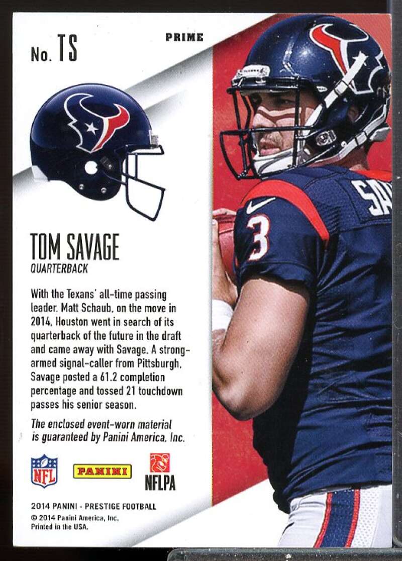 Tom Savage Card 2014 Prestige Rookie Jumbo Jerseys Patch Extra Points Gold #TS  Image 2