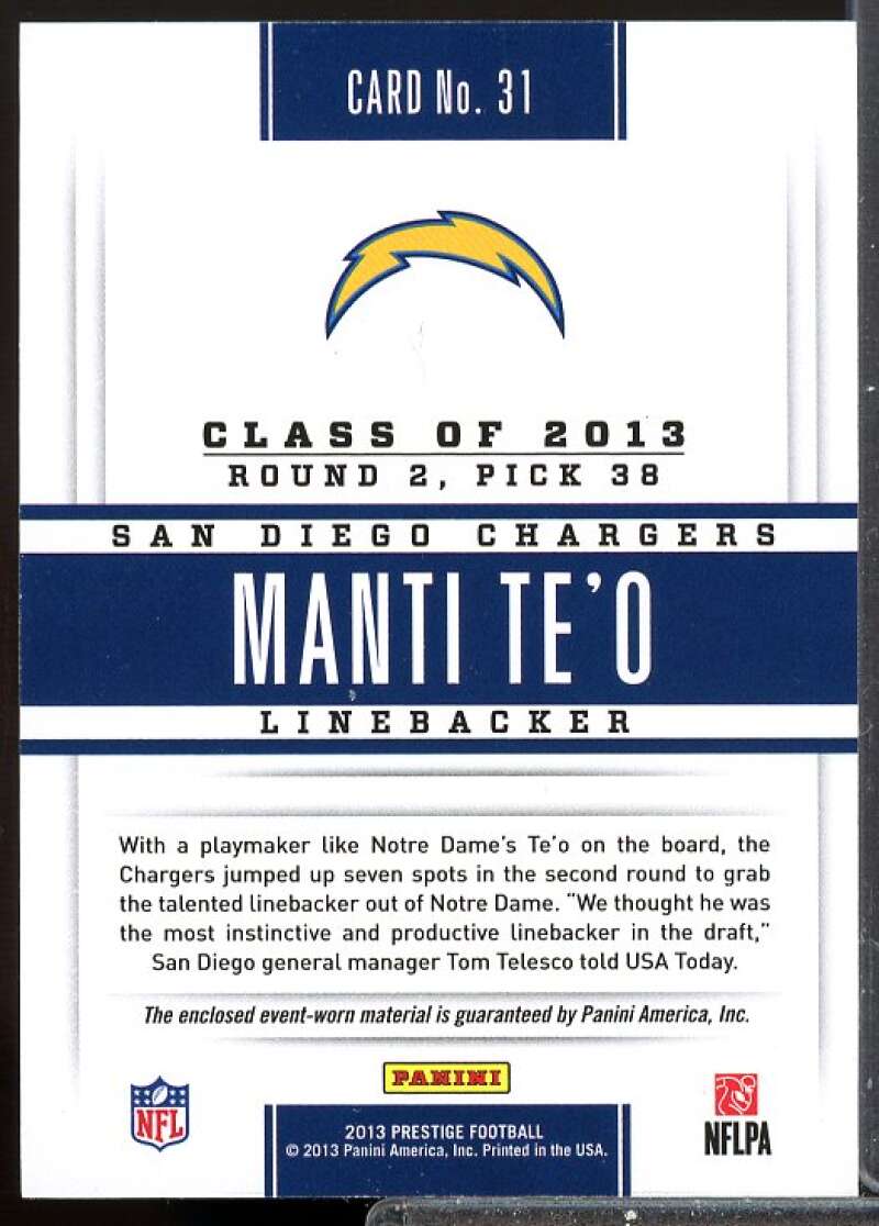 Manti Te'o Card 2013 Prestige Prestigious Picks Rookie Materials Gold #31  Image 2
