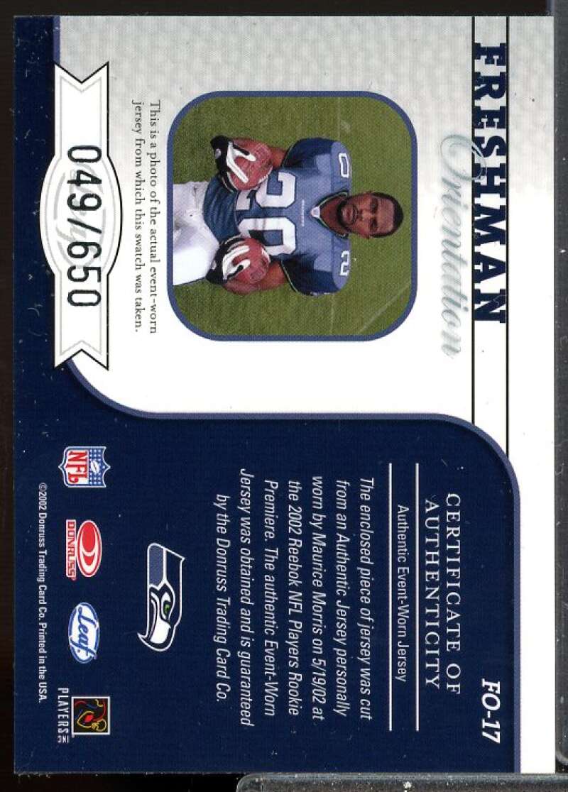 Maurice Morris 2002 Leaf Rookies and Stars Freshman Orientation Jerseys #FO17  Image 2