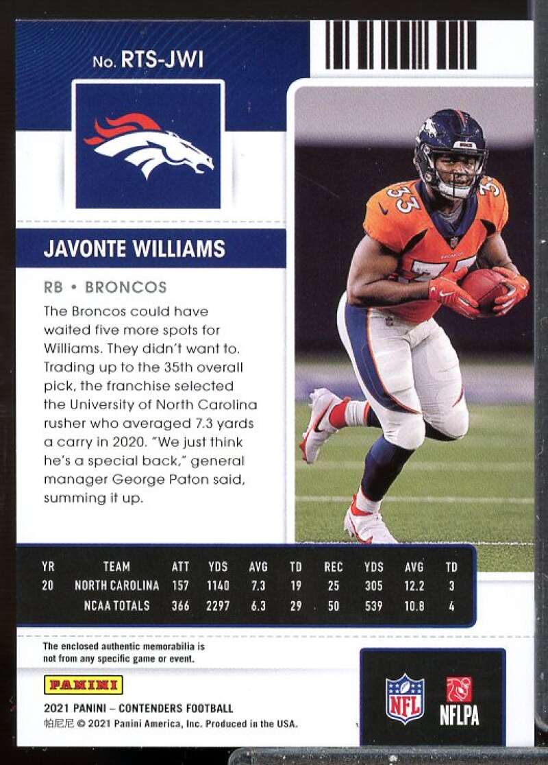 Javonte Williams Card 2021 Panini Contenders Rookie Ticket Jersey Swatches #15  Image 2