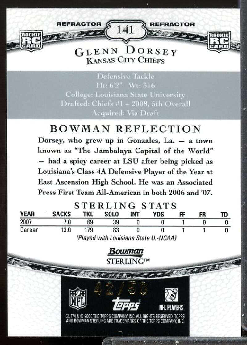 Glenn Dorsey Card 2008 Bowman Sterling Jersey Black Refractors #141  Image 2
