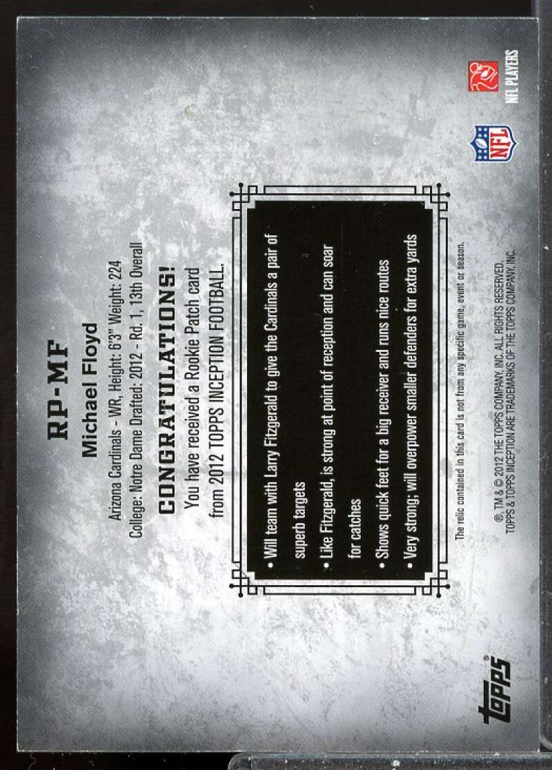 Michael Floyd Card 2012 Topps Inception Rookie Jersey Relics Patch #RPMF  Image 2