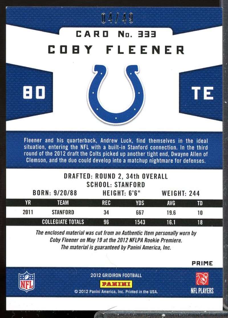 Coby Fleener Card 2012 Gridiron Rookie Gridiron Gems Jerseys Jumbo Prime #333  Image 2