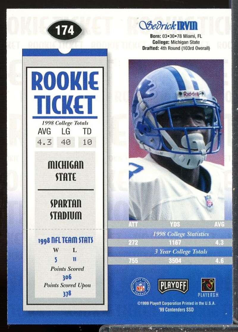 Sedrick Irvin RC Card 1999 Playoff Contenders SSD Rookie Auto #174  Image 2