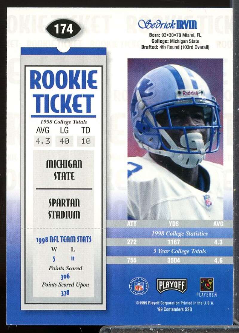 Sedrick Irvin RC Card 1999 Playoff Contenders SSD Rookie Auto #174  Image 2