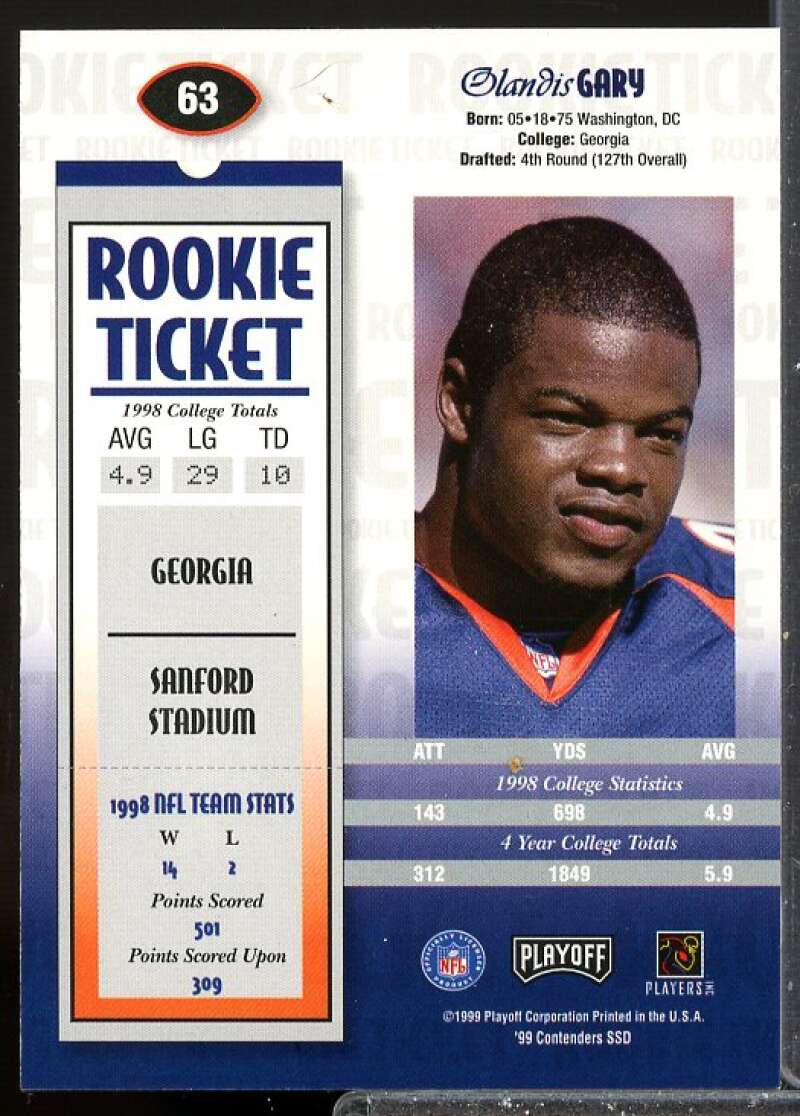 Olandis Gary RC Card 1999 Playoff Contenders SSD Rookie Auto #63  Image 2
