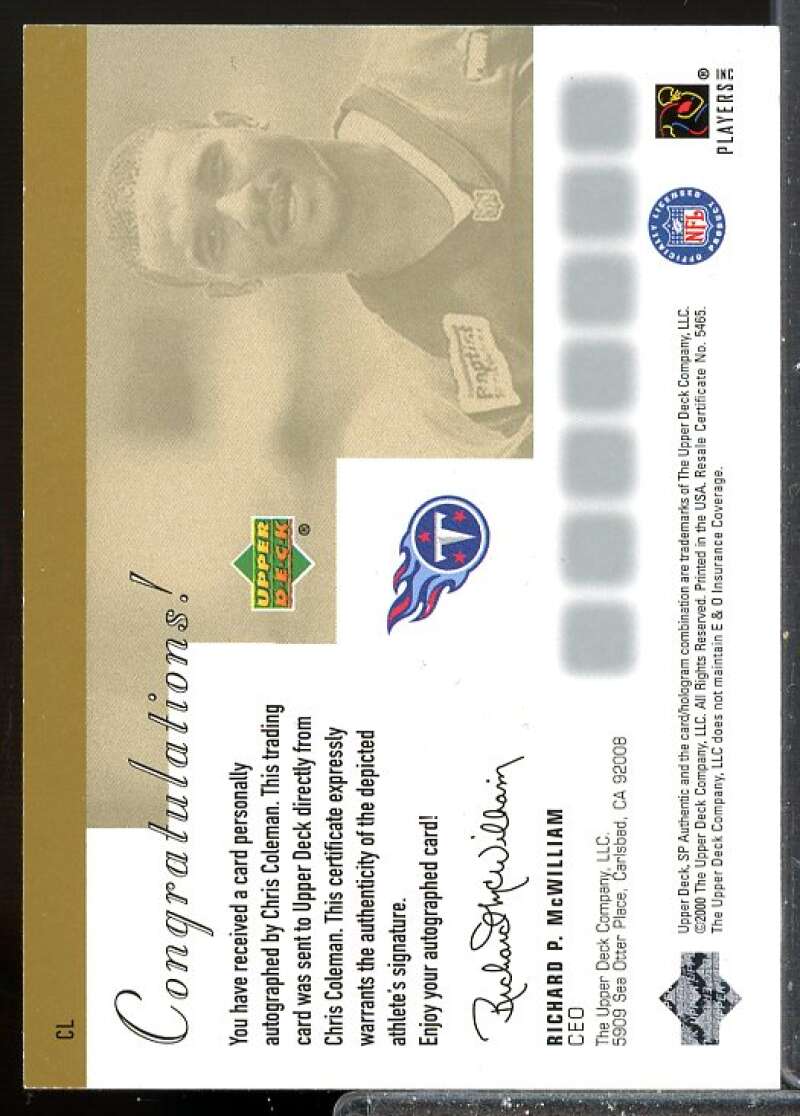 Chris Coleman UER (name misspelled) 2000 SP Authentic Sign of the Times Auto CL  Image 2