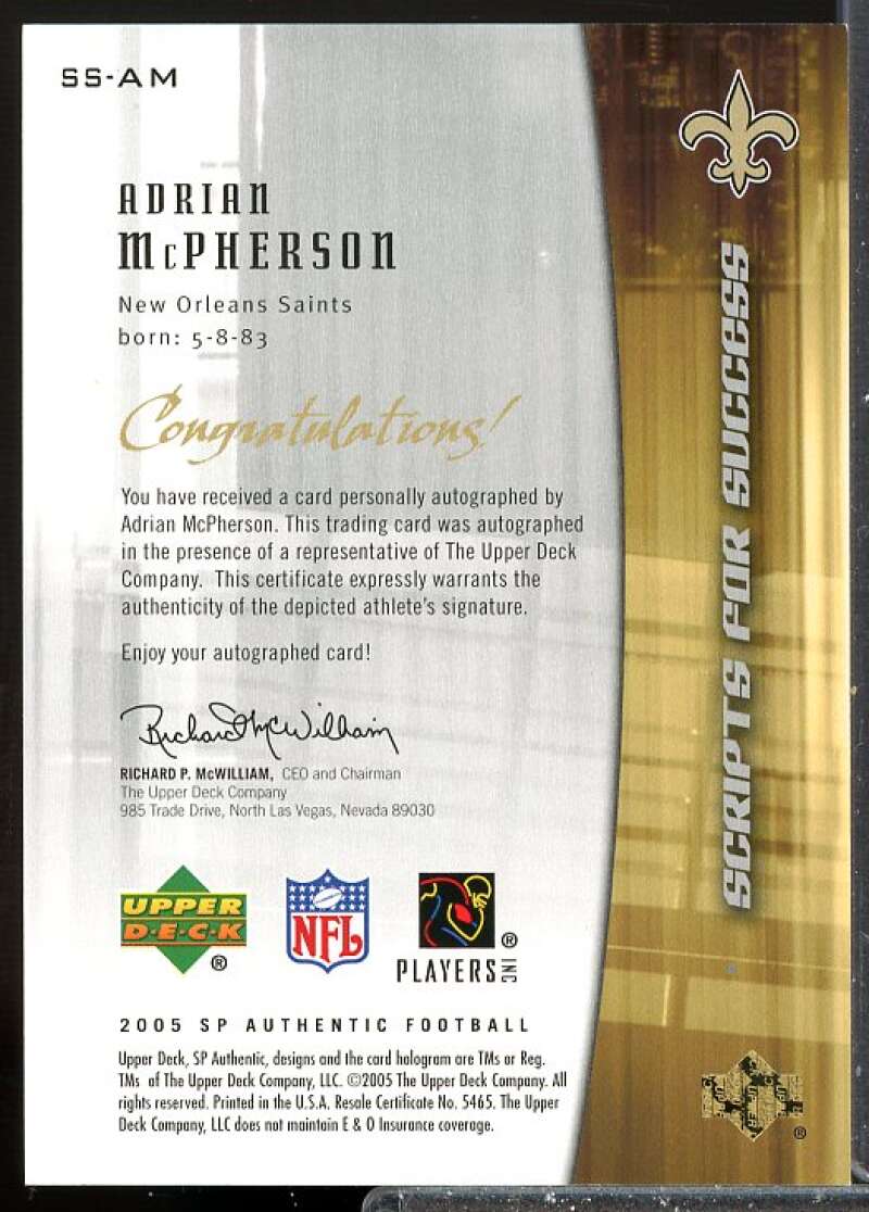 Adrian McPherson Card 2005 SP Authentic Scripts for Success Autographs #SSAM  Image 2