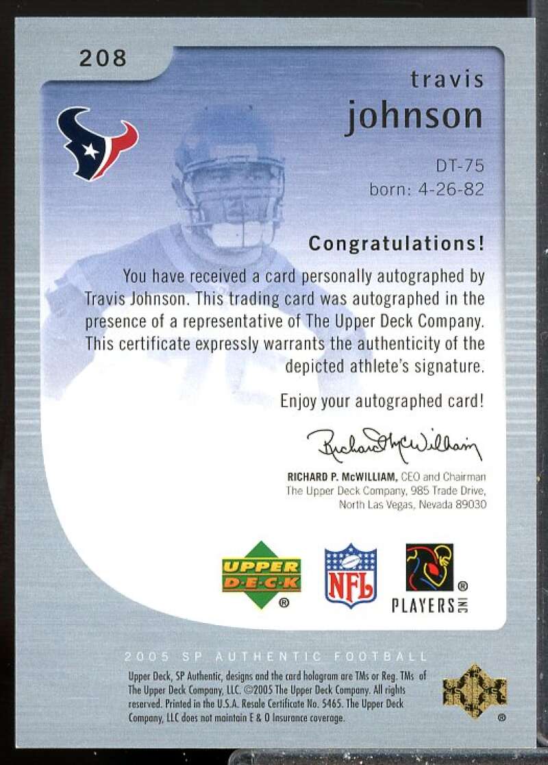 Travis Johnson AU RC Card 2005 SP Authentic Rookie Auto #208  Image 2