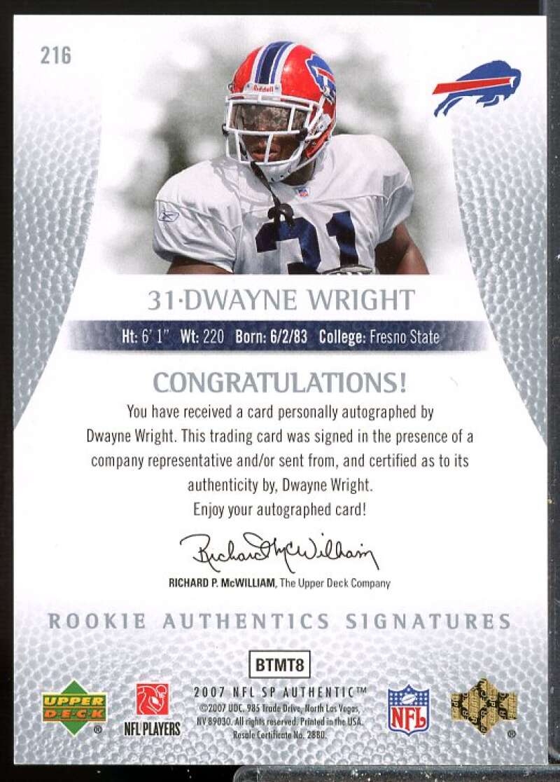 Dwayne Wright AU RC Card 2007 SP Authentic Rookie Auto #216  Image 2
