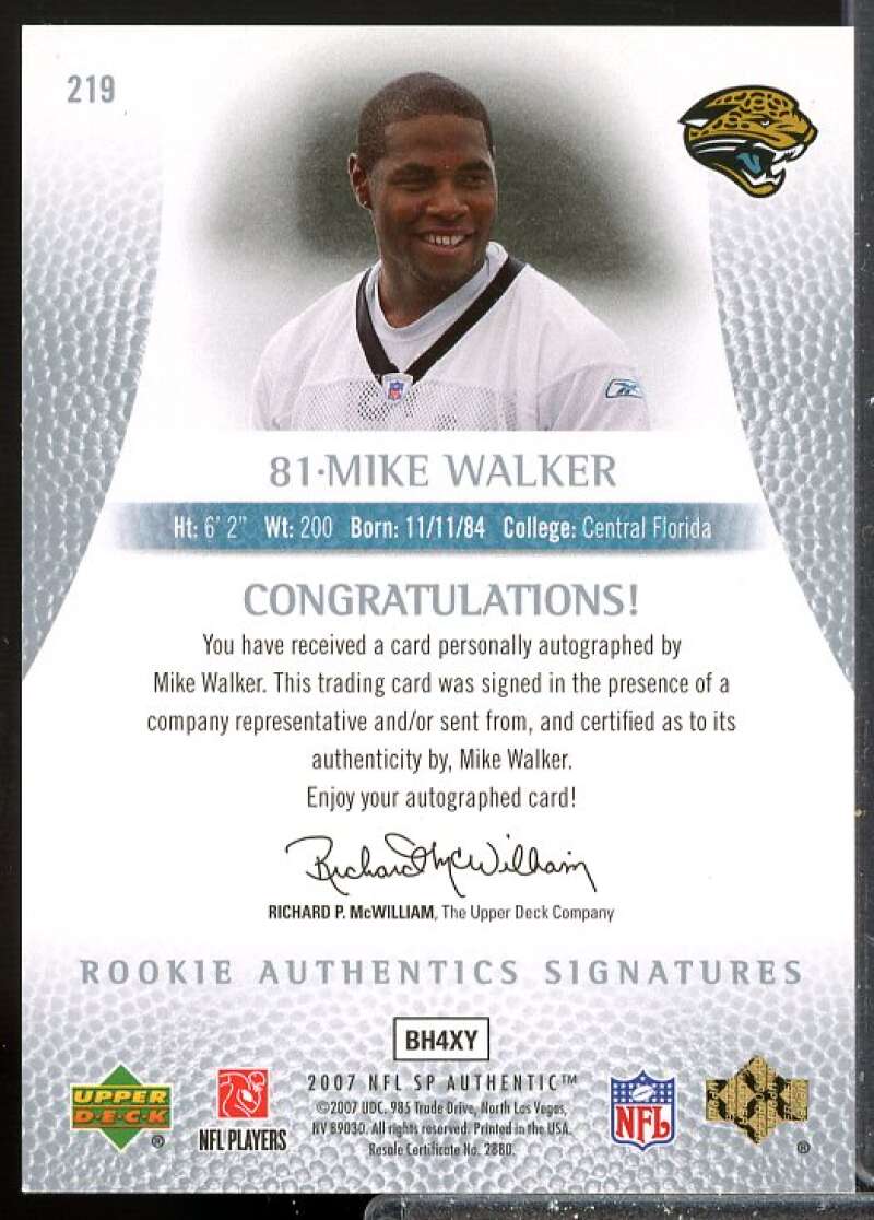 Mike Walker AU RC Card 2007 SP Authentic Rookie Auto #219  Image 2