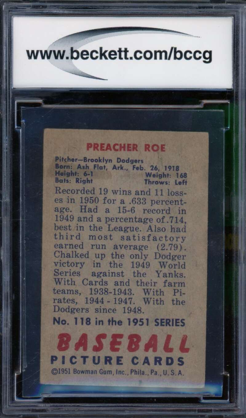1951 Bowman #118 Preacher Roe BGS BCCG 7 Very Good+ Image 2