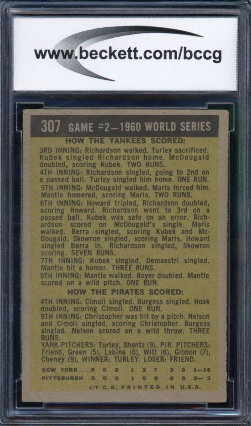1961 Topps #307 Mickey Mantle WS Game 2 Card #307 BGS BCCG 8 Excellent+ Image 2