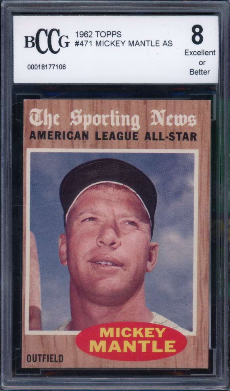 1962 Topps #471 Mickey Mantle All-Star Card BGS BCCG 8 Excellent+ Image 1