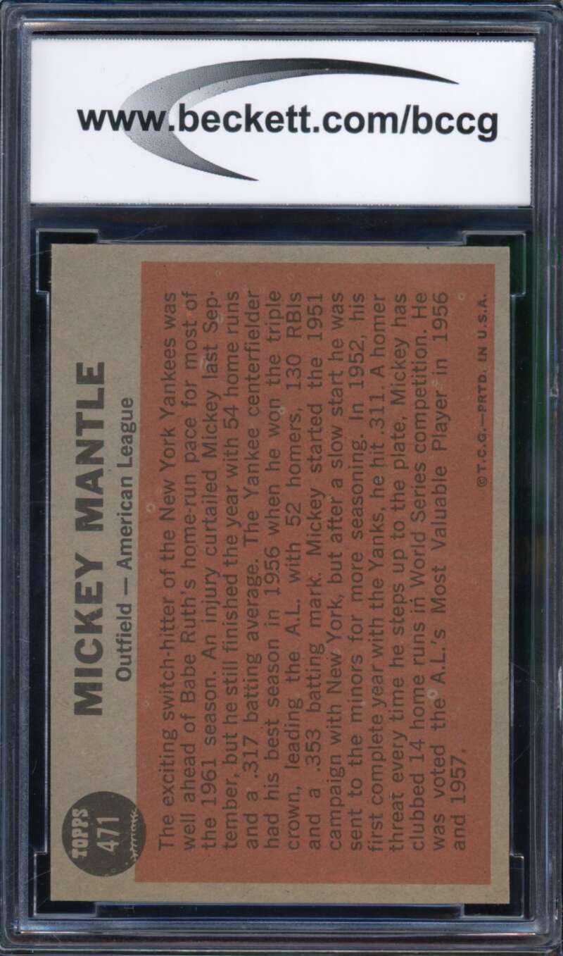 1962 Topps #471 Mickey Mantle All-Star Card BGS BCCG 8 Excellent+ Image 2