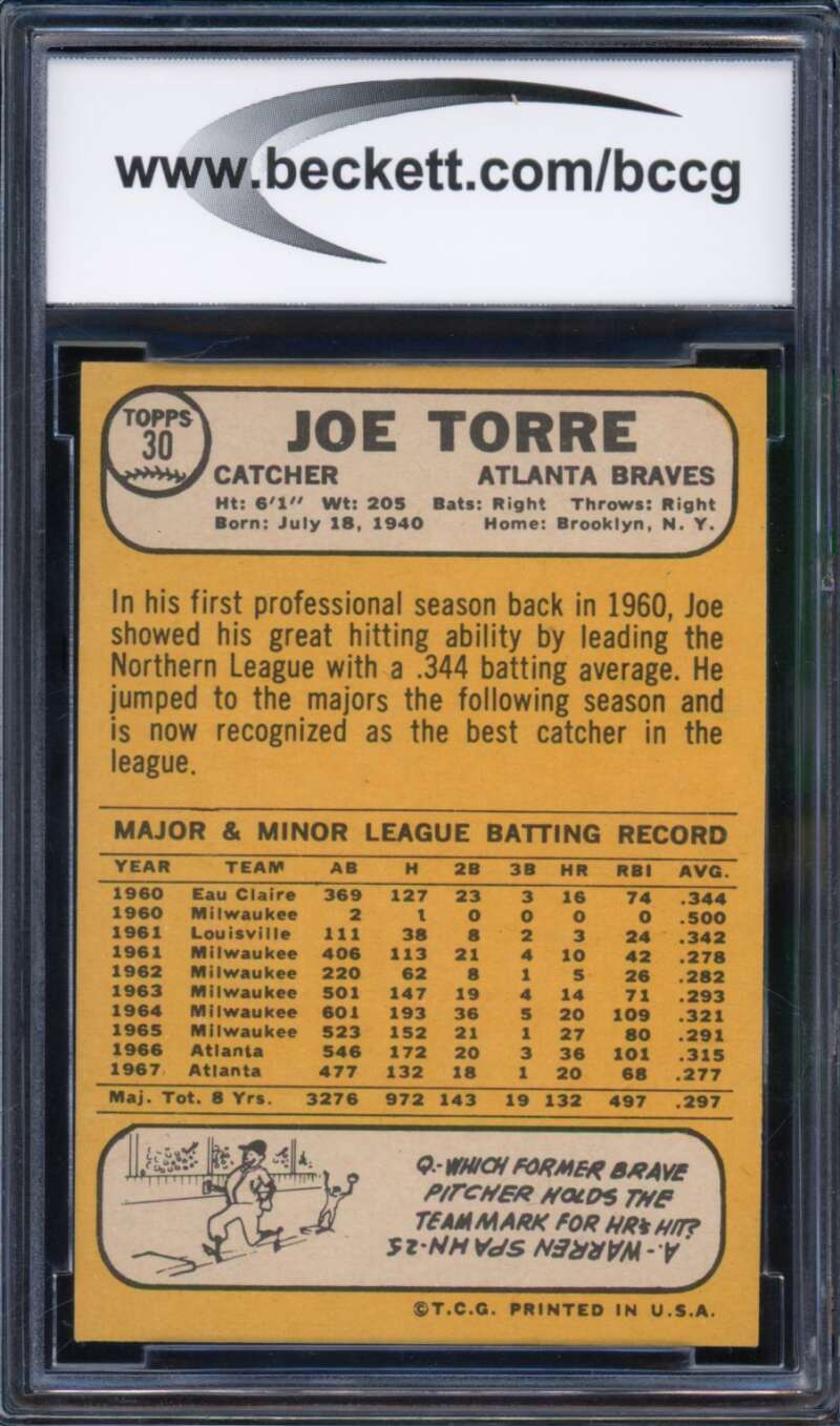 1968 Topps #30 Joe Torre Card BGS BCCG 9 Near Mint+ Image 2