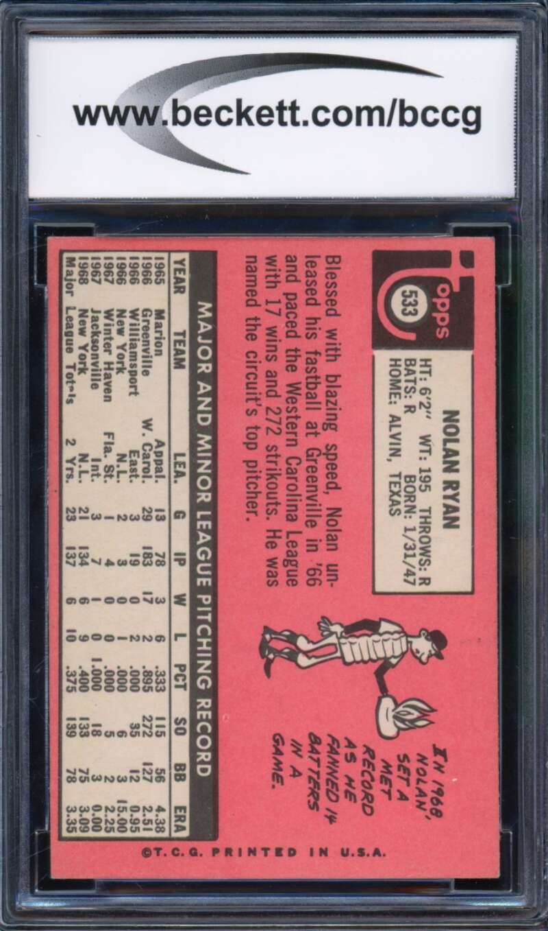 1969 Topps #533 Nolan Ryan Card BGS BCCG 8 Excellent+ Image 2